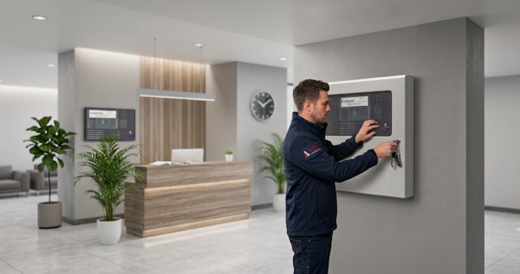 Affinity Fire & Security engineer testing a commercial fire alarm control panel in a Bristol office reception